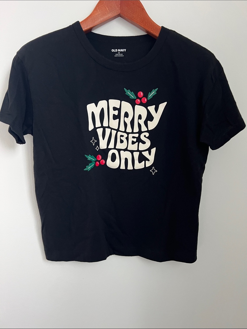 Old Navy | Black "Merry Vibes Only" Graphic Tee Red & Green Holiday Holly Sz XS